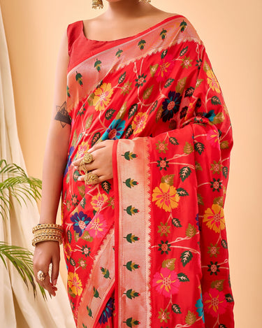 RED  Pure paithani silk saree with jaal design 3