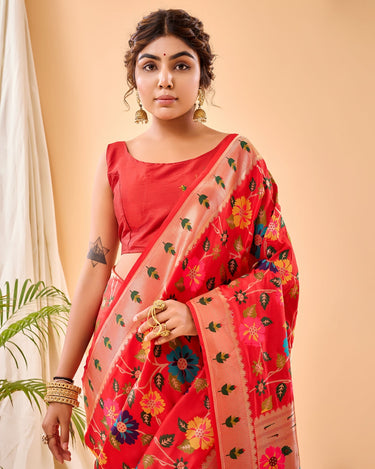 RED  Pure paithani silk saree with jaal design 1