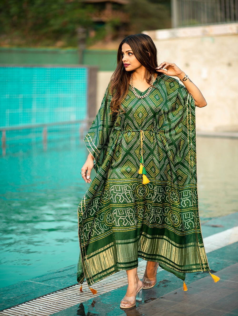 Green Colour Bandhani print Pure Gaji Silk Kaftan