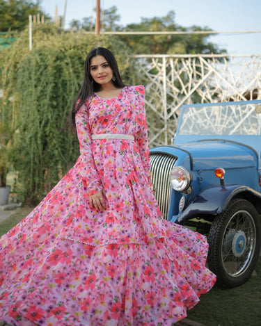 Chinon aliya cut floral printed Gown with dupatta Set of 2-02799} – Roshni  Boutique